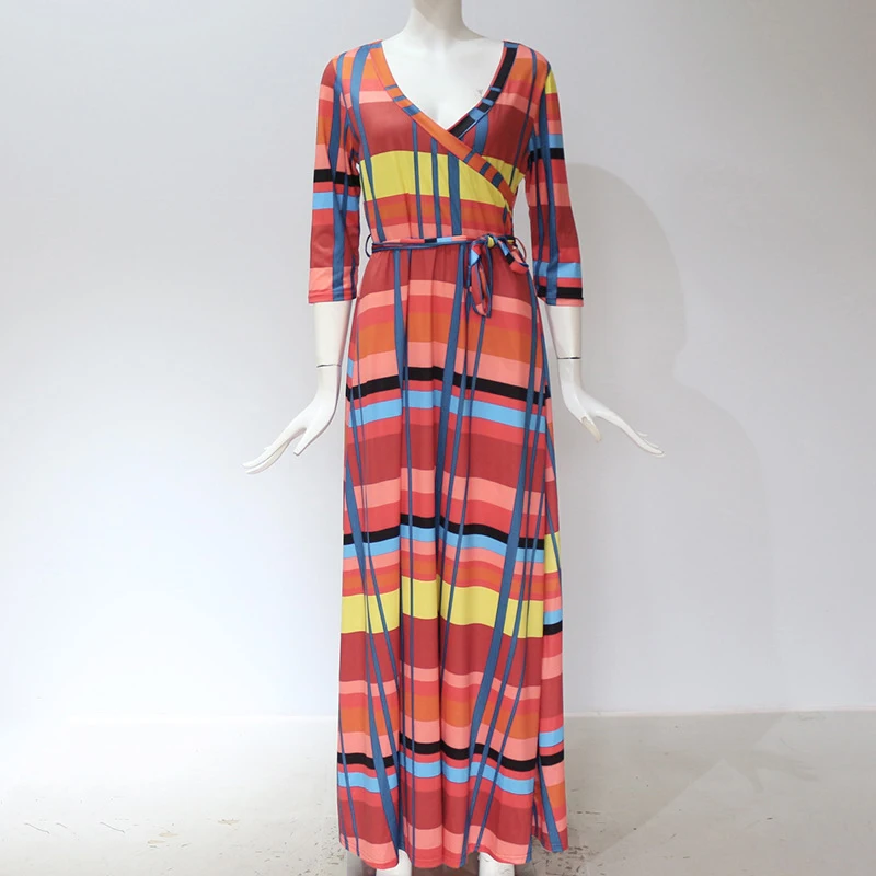 Женское Повседневное платье с v-образным вырезом и принтом, свободное платье на шнуровке с рукавом 3/4 А-силуэта, Макси Сарафан