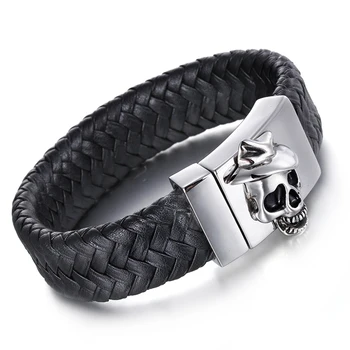 

Vintage Leather Bracelet For Men Punk Biker Stainless Steel Skull Charm Bracelet & Bangle Rock Jewelry Fashion Accessories