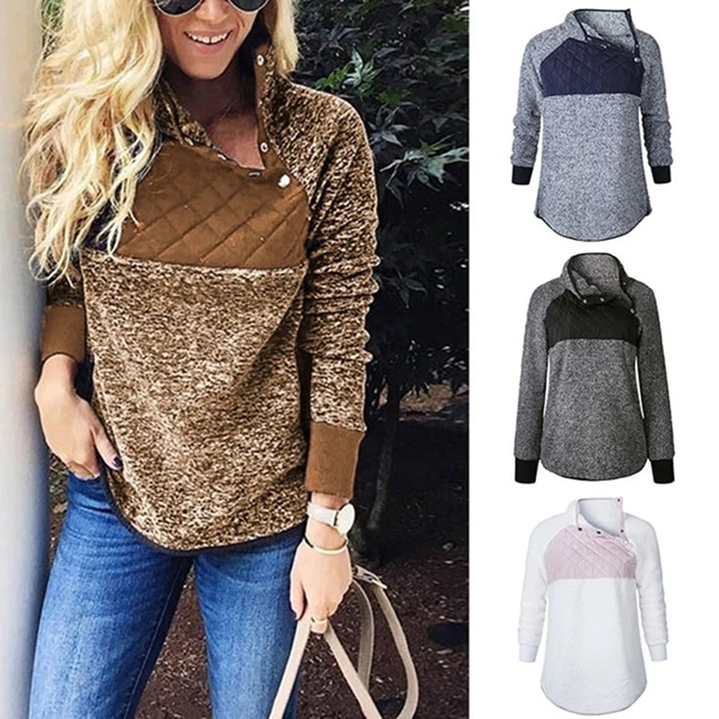 

Winter Jacket Women Plush Oblique Collar Coat Jacket Sweater Autumn Long Sleeve Patchwork Warm Plush Sweatshirt
