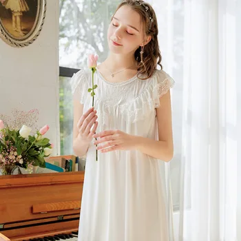 

Lace Night Dress Women Princess Style Sleepwear Women Palace Style Nightgowns Vintage Home Dress Summer Modal Women Clothes