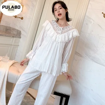 

Autumn Embroidery Lace Princess Retro Woven Cotton Pajamas Suit Long Sleeve Trousers Set Outwear Sleepwear