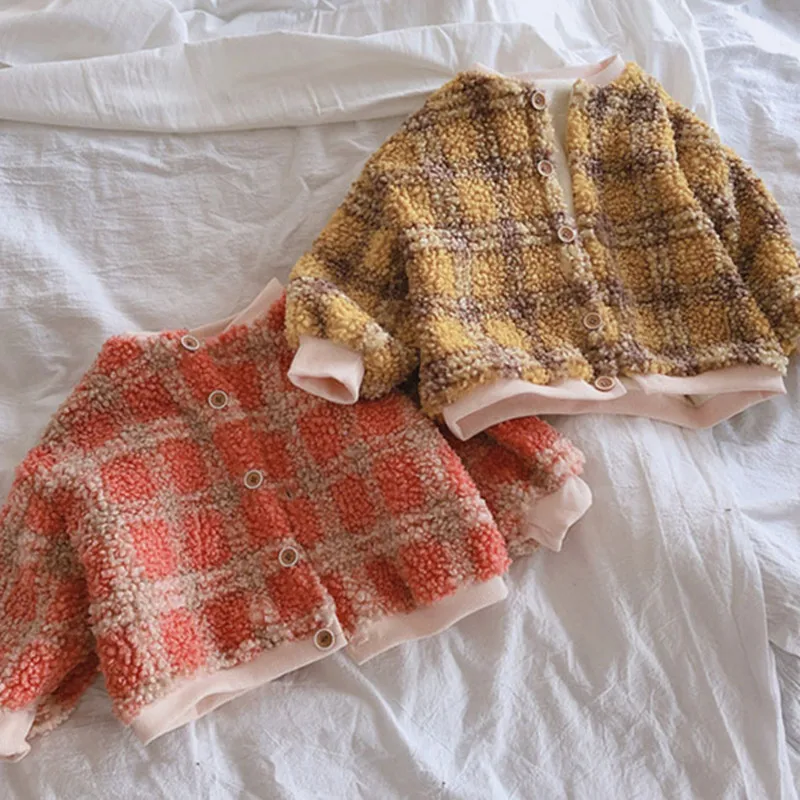 Toddler Girl Coats Winter Kids Casual Long Sleeve Single-breasted Plaid Cardigan Outwear Baby Thicken Velvet Jackets 2-7Yrs