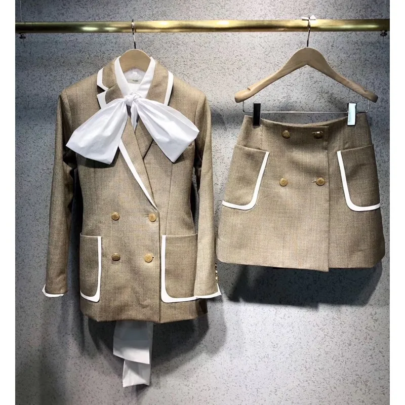 2019 Autumn/Winter Blazer Suits Women Tops Blouse Back Bow Edge Jacket Double Breasted Short Skirt Office Suit Woman 2 Piece 2019 Autumn/Winter Blazer Suits Women Tops Blouse Back Bow Edge Jacket Double Breasted Short Skirt Office Suit Woman 2 Piece