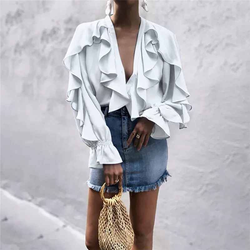 

hirigin casual new Plus Size Womens Boho V Neck chiffon Tops female fashion Blouses ladies Summer Ruffles long sleeve Shirts
