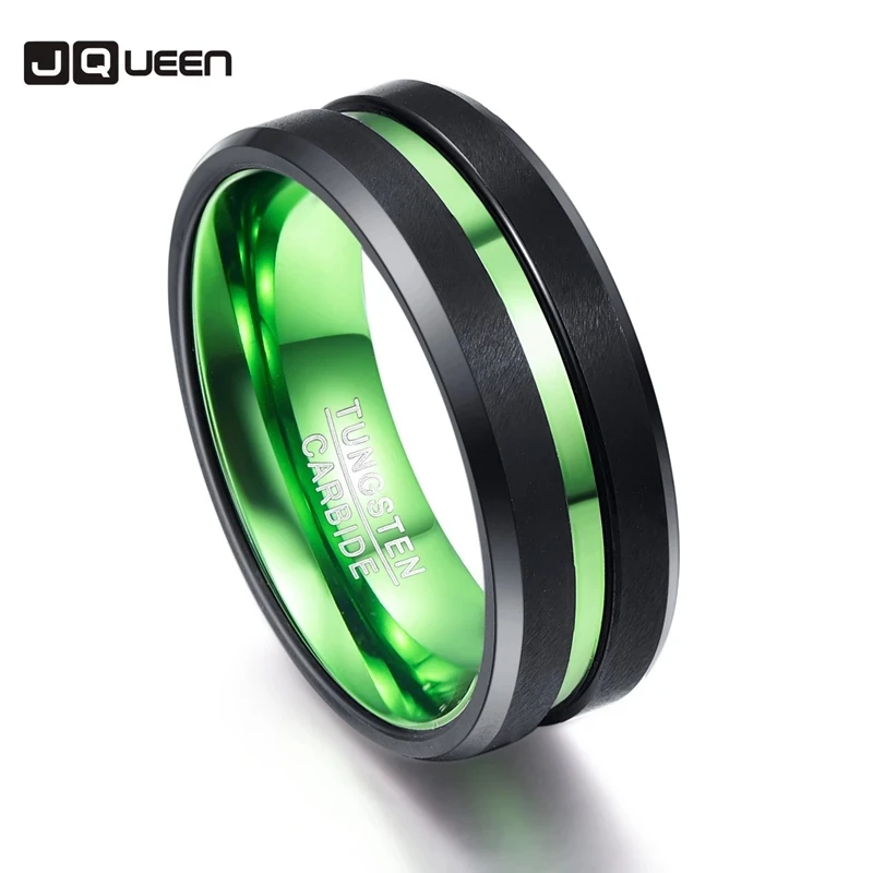 

JQUEEN AAA Quality 8mm Men's Black Matte Finish Tungsten Carbide Ring Green Center Groove Polished Beveled Edges Comfort Fit