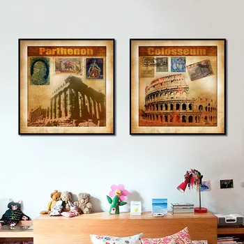 

The Parthenon And Colosseum Stamps Canvas Painting Nostalgia Style Posters And Prints Wall Pictures For Living Room Decoration