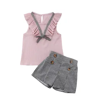 安い ファッションの幼児の女の子服 Tシャツノースリーブトップ + チェック柄ショートパンツ 2 個セット子供子供服