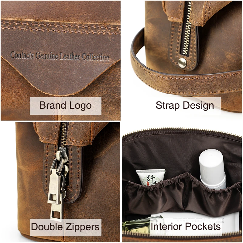 Contact's Crazy Horse Leather Cosmetic Bag For Men Toiletry Bags Male Makeup Pouch Vintage Travel Wash Storage Large Capacity 5