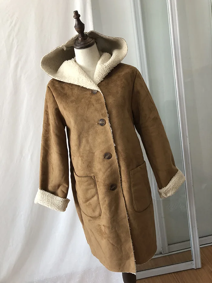 

AC13 Winter New Style Solid Color Hooded Versatile Mid-length Berber Fleece Overcoat Suede Warm Overcoat Women's