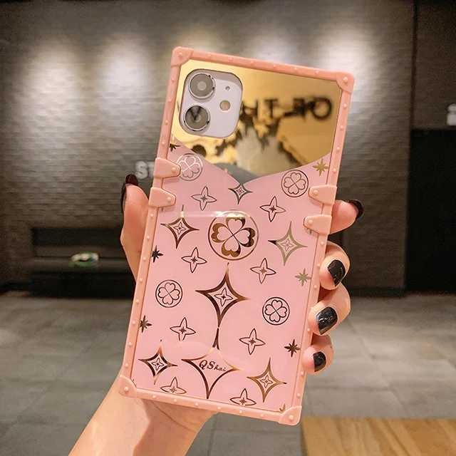 Luxury Square Cute Clover Pink Phone Case For iPhone 12 Mini 11 Pro XS Max  XR X 6 6S 7 8 Plus Soft Silicone Mirror Cover Bracket