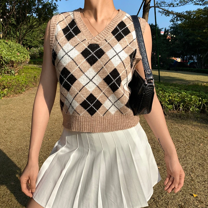 

Argyle Plaid Y2k Aesthetic Knitting Sweater Vest Woman Winter Warm Female 2020 Striped Pullover Sleeveless V Neck Top Jumper