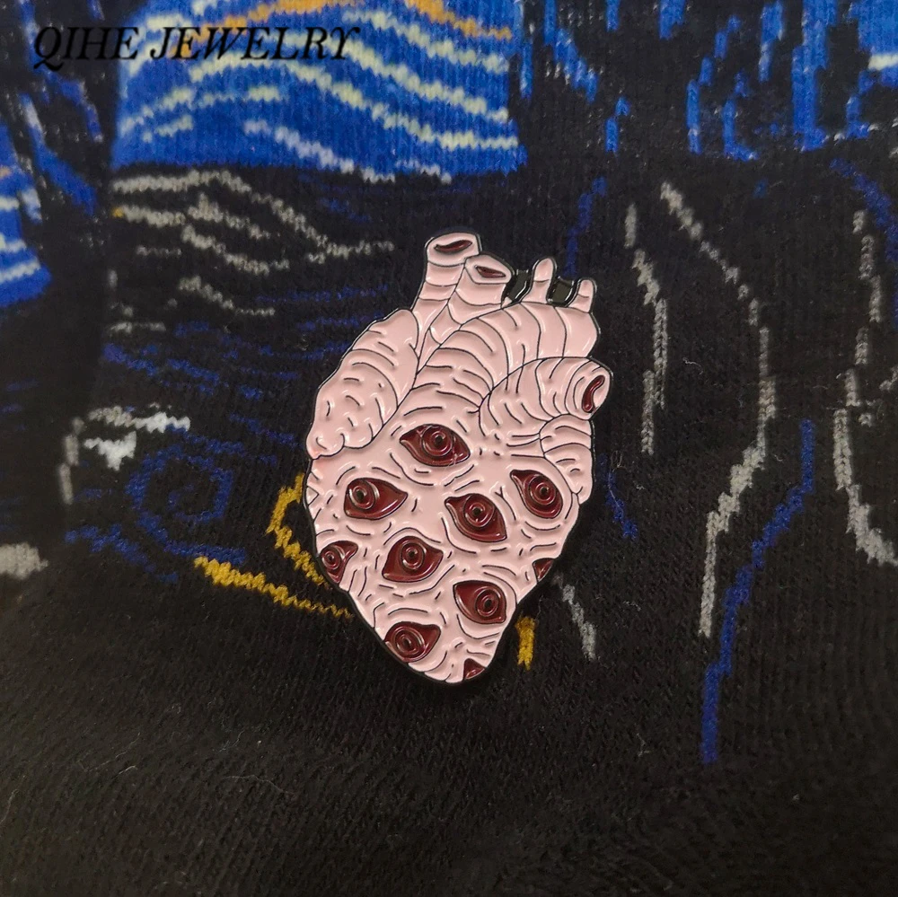 

QIHE JEWELRY Vein Heart pin Organ Brooch Red Hole Enamel pins Brooches for Men Women Heart Jewelry for clothes bags