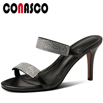 

CONASCO Women Sandals Pumps Genuine Leather Fashion Sexy Concise Rhinestone Slippers Summer 2020 High Heels Casual Shoes Woman