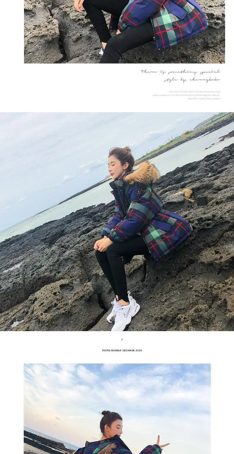 Large Fur Collar Cotton-padded Clothes Women's New Style Autumn And Winter Plaid Cotton-padded Jacket Slim Fit Students Sho