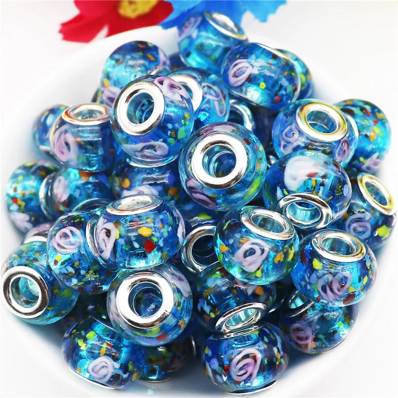 

10Pcs Large Hole Glass Round European Flower Beads Charms Fit Pandora Bracelet Bangle for Jewelry Making Curtains Necklaces