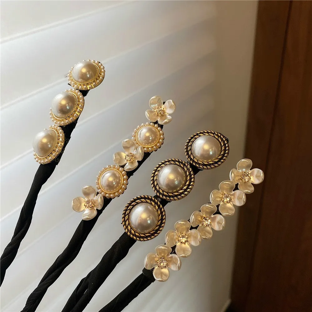 Description Picture 4 of itemFashion Women Elegant Flower Big Pearls Hair Curls Bun Diy Hair Style Donut Maker Ribbon Hair Making Tool Hair Accessories
