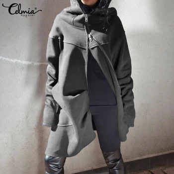 

2020 Fashion Hoodies Sweatshirts Celmia Women Casual Loose Zipper Asymmetrical Pullovers Tops Pockets Hooded Coats Plus Size 5XL