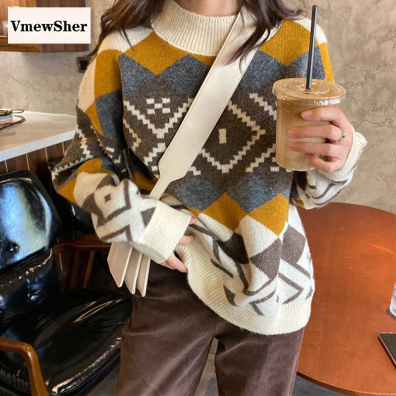 

VmewSher Argyle printting loose Women Sweater Pullovers winter Casual long sleeve Sweater Basic Chic New Soft Knitted Coat