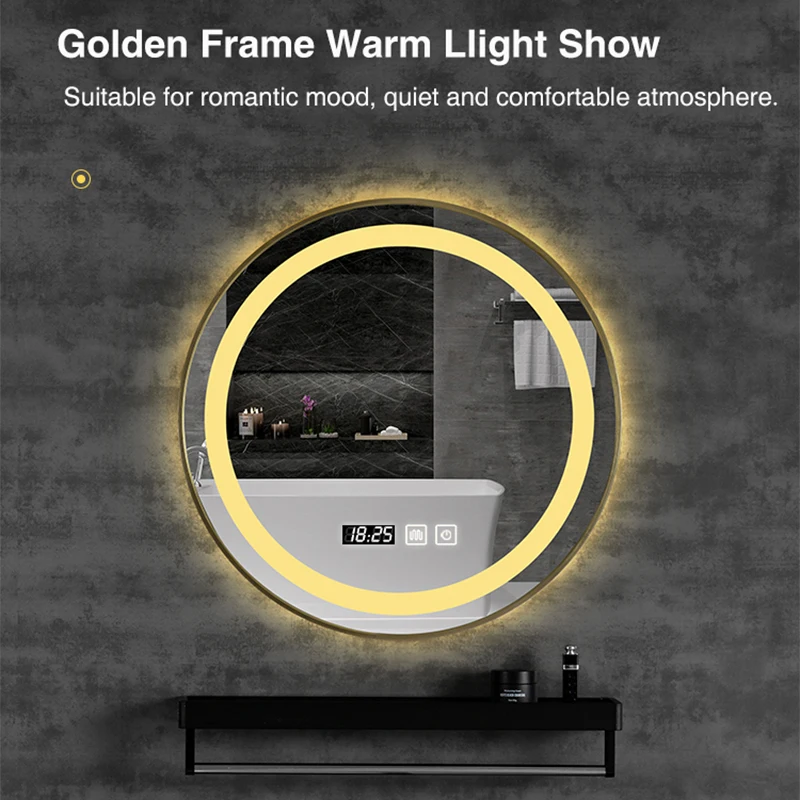 Round Smart LED Bathroom Mirror With Golden/Black Frame 3 Color LIght With Bluetooth Speaker Time&Temperature Display Defogging