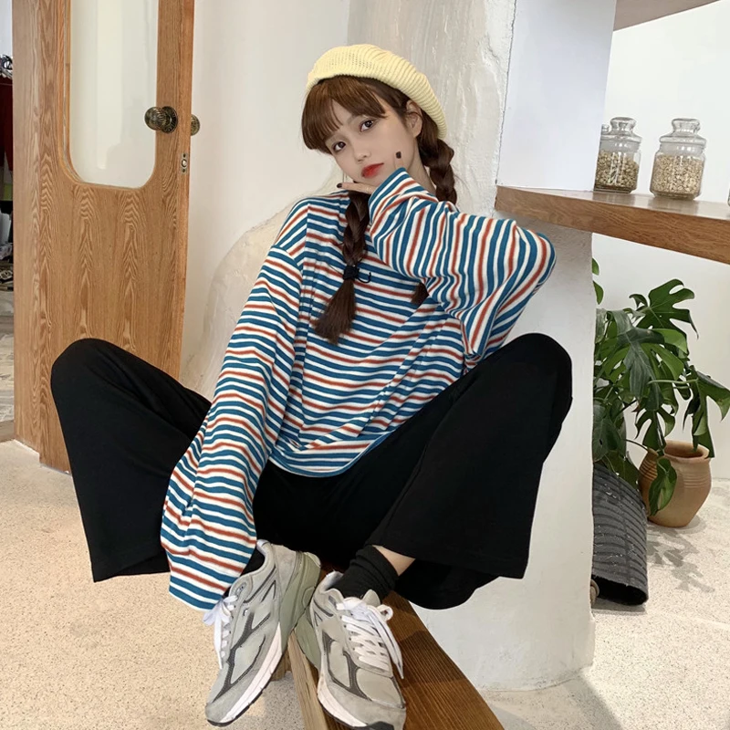 Женская футболка в Корейском стиле Ulzzang Harajuku Повседневная полоску с длинными