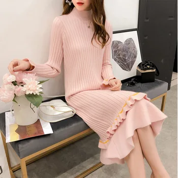 

Womens Sweater Autumn Stretch Knit Dress Long Sleeve Bodycon Knitted Robe Office Ladies Knit Ribbed Elegant Women Long Dress