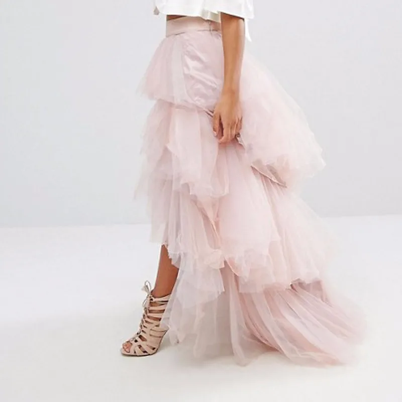 Hippie Style Light Pink High Low Skirt Custom Made Fashion Tiered Tulle Skirts Women Chic Tutu Long Petticoat