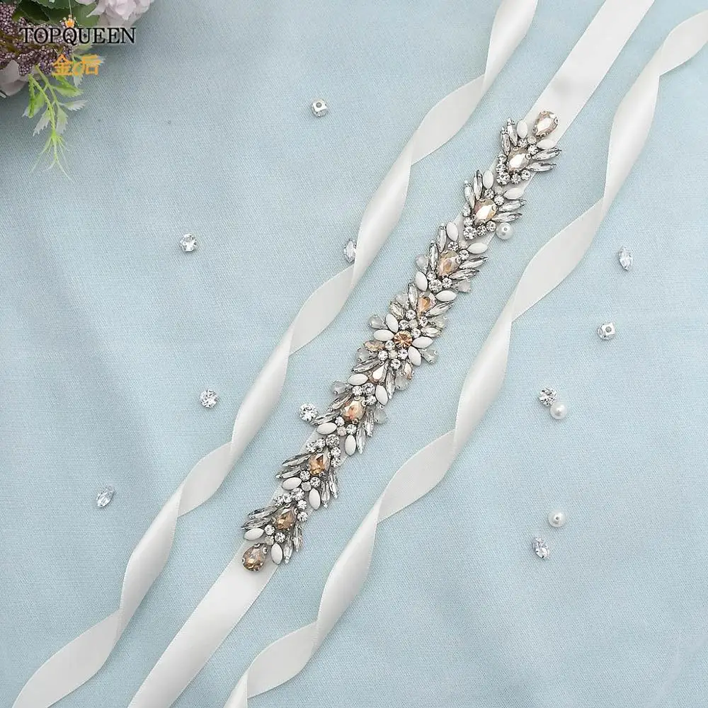

TOPQUEEN S476-C Rhinestone Opal Wedding Belts Wedding Accessories Women's Belt for Dress Wedding Party Dress Belt Satin Belt
