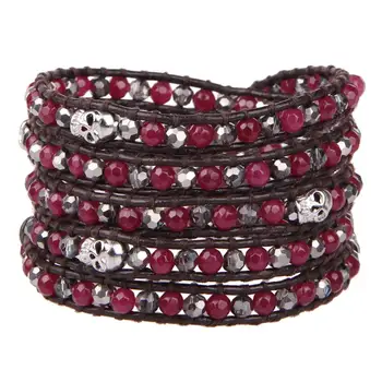 

KELITCH 5 Strand Wrap Bracelets Punk Jewelry Handmade Faced Crystal Beaded Leather Bracelets Men Women Metal Skull Charm Jewelry