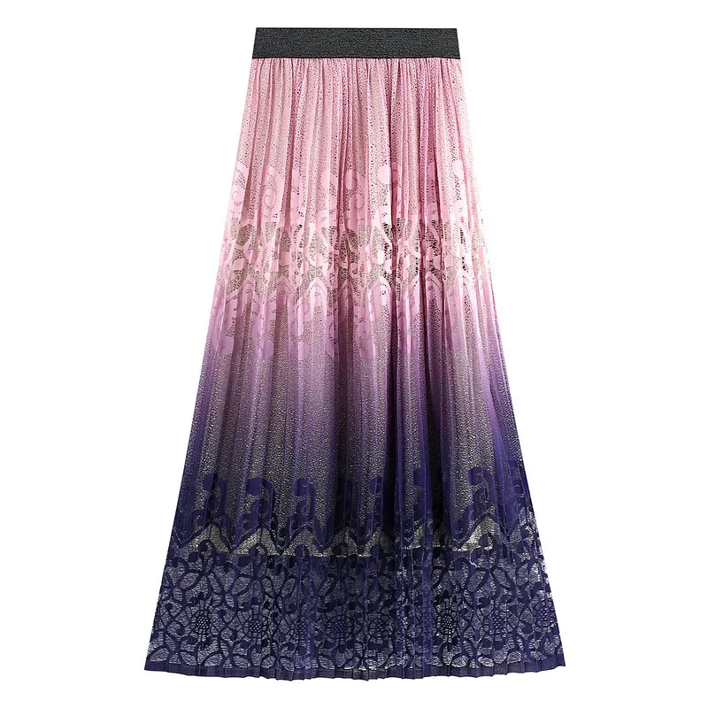 

Autumn Women Fashion Lace Crochet Gradation Long Pleated Skirts Female Casual Mesh Hollow Out Mid-calf A-line Empire Skirts