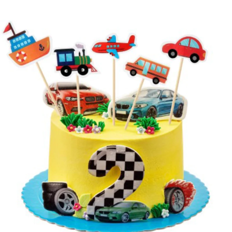 10pcs Cake Topper Cartoon Car Transport Cake Fruit Decorative Cupcake Topper Food Picks Kids Birthday Party Wedding Favors