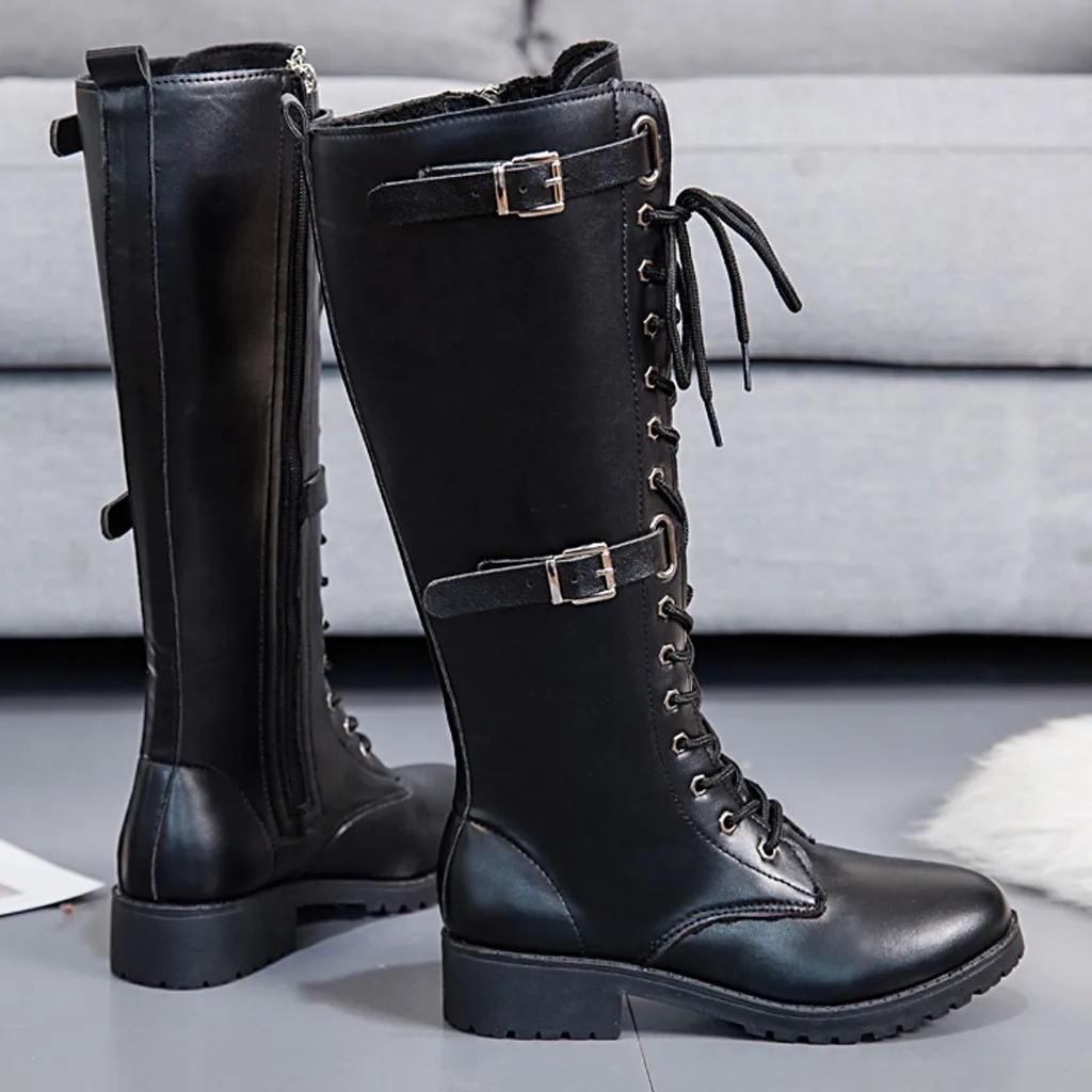 

Cool Cowboy Motorcycle Boots For Women High Boots Winter Long Boot Female Smooth Leather Punk Gothic Mid-Calf Low Heel Shoes