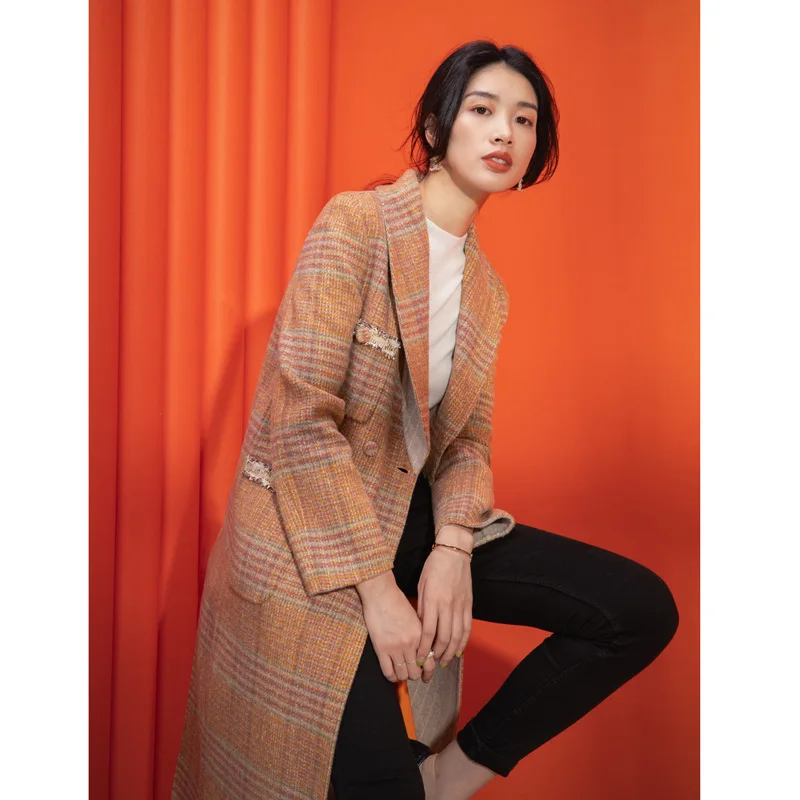 

Double-sided Wool Overcoat Women Long-style Turn-lapel Double-breasted Four-pocket Wool Coat American Wear 2019 Woolen Coat
