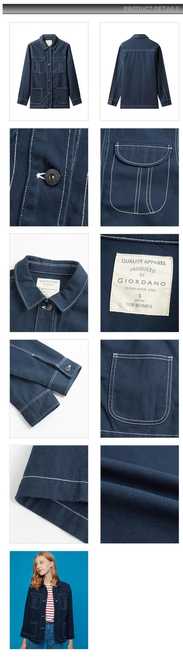 Giordano Женская куртка хлопок 3D карман Модные жакеты Mujer с длинным рукавом и пуговицами спереди шамары De Mujer 05379747