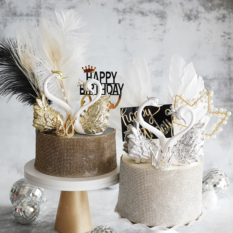 Romantic Beautiful Gorgeous Pearl Gold and Silver Crown Swan Cake Decoration Top Hat Dress Party Interior Furnishing Artwork | Дом и сад