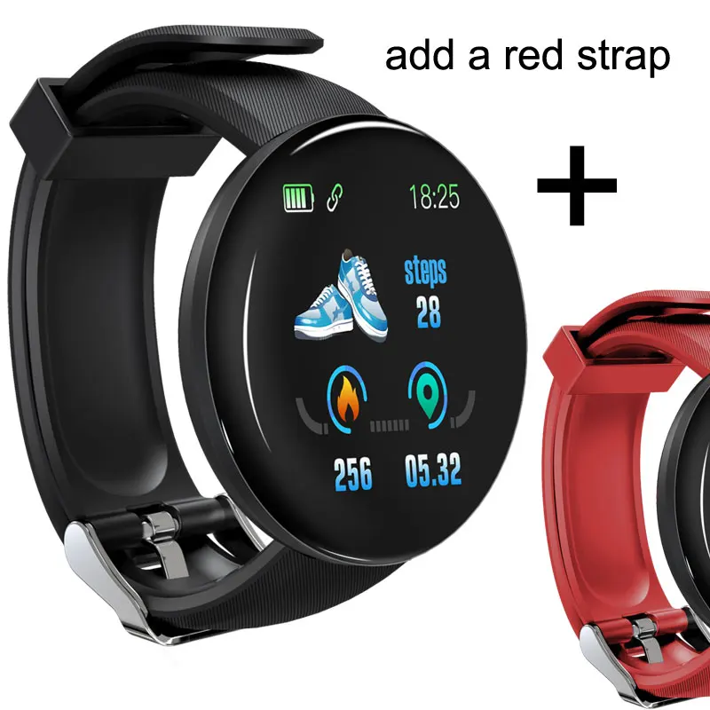 D18 add red strap Смарт-часы с Bluetooth, мужские, кровяное давление, круглые, умные часы, женские часы, водонепроницаемые, спортивный трекер, WhatsApp для Android Ios - Цвет: D18 add red strap