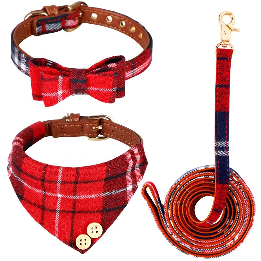 

Галстук-бабочка, ошейник и поводок для собак, Классический Клетчатый ошейник для щенков и бандана, регулируемый для средних и больших собак ...