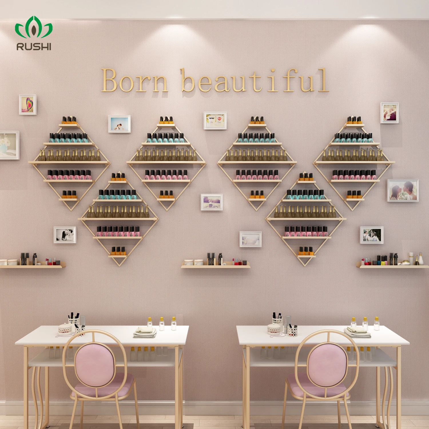 

Diamond Shape Nordic Golden Nail Polish Shelf Set Nail Shop Display Stand Wall Hanging Cosmetics Shelf Nail Polish Display Rack