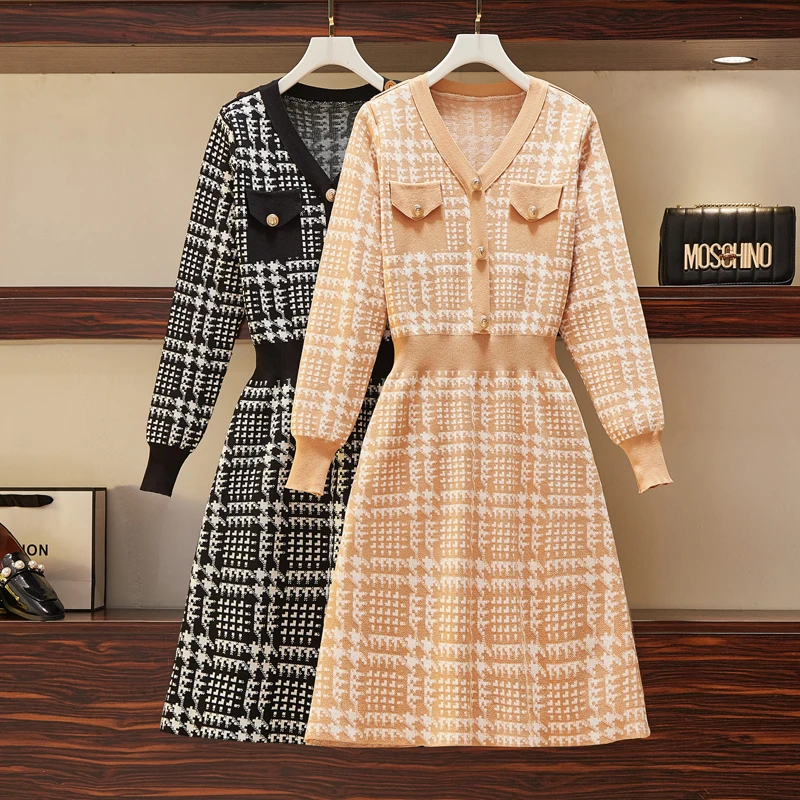 Autumn Winter Knitting Houndstooth Sweater Dress Women Pocket V Neck Golden Button Long-Sleeved Elegant A-line Above Knee | Женская