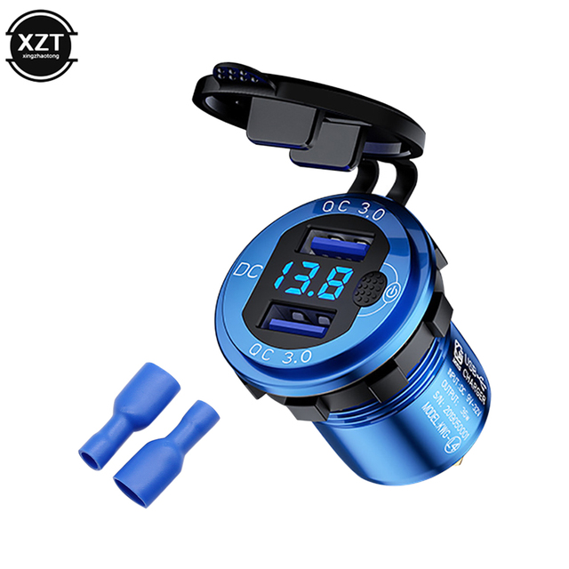 24V 18W Aluminum Waterproof Dual QC3.0 USB Fast Charger Power Outlet with LED Voltmeter ON OFF Switch for Car Marine Truck