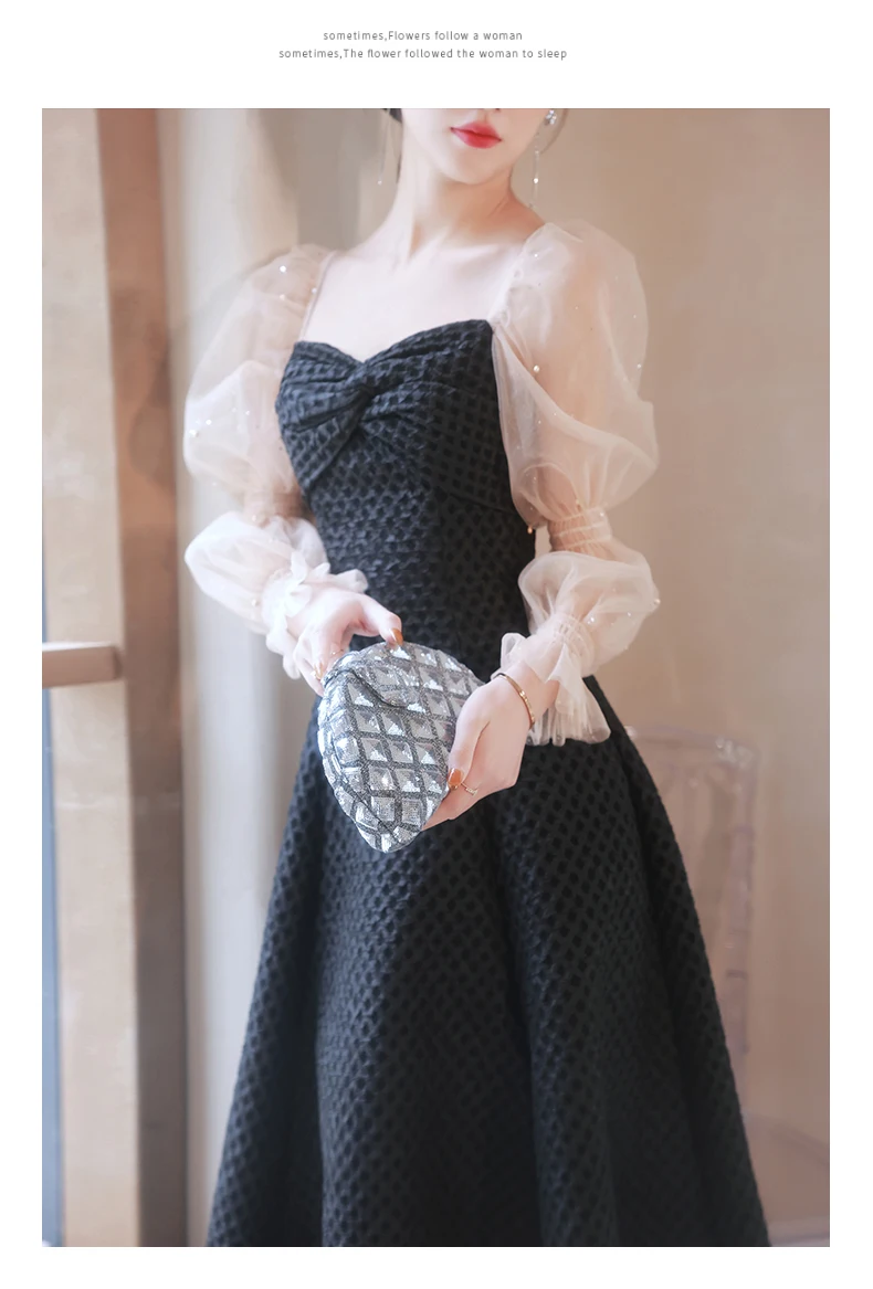 Black Banquet Evening Dresses 2022 New Temperament Birthday Party Dress Vintage Square Collar Long Sleeve A-Line Dress evening gowns with sleeves
