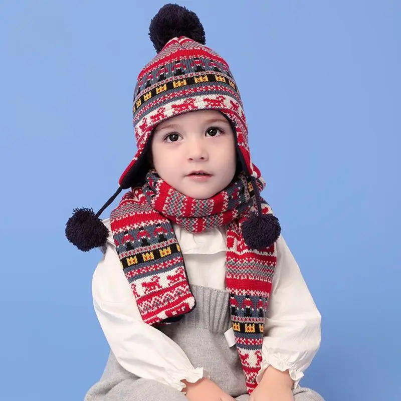 Детская зимняя шапка с пушистым помпоном, теплая подкладка, шапка-ушанка, длинный шарф