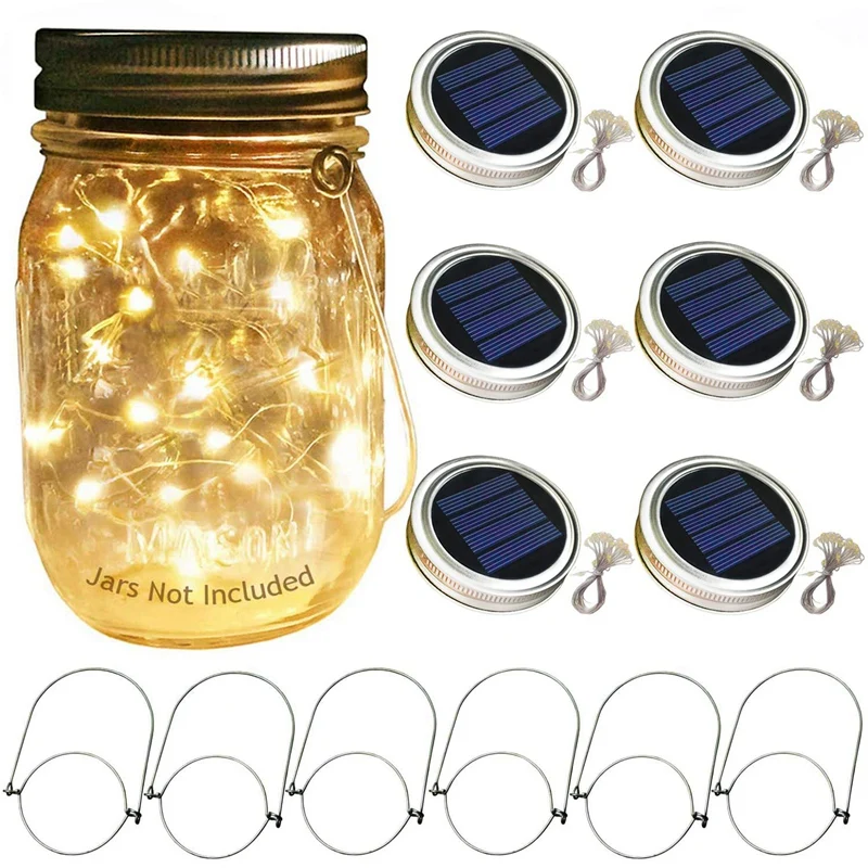 Солнечный Mason Jar крышка огни, 6 упаковка 20 Led гирлянды Фея Звезда Светлячок банки крышки огни, 6 вешалок в комплекте(банки не включены), патио