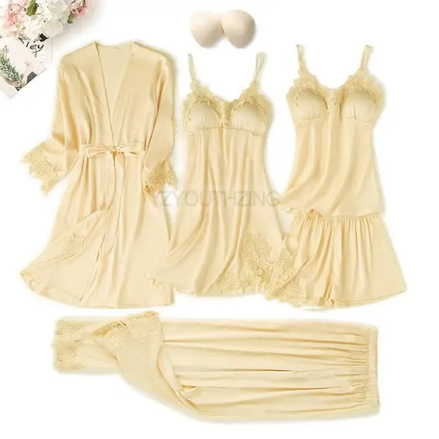 Pajama Set Women Lace Trim Satin Sleepwear Pyjamas Pour Femme Summer Nightwear With Pants Casual Home Wear Kimono Robe Gown PJS Yellow A