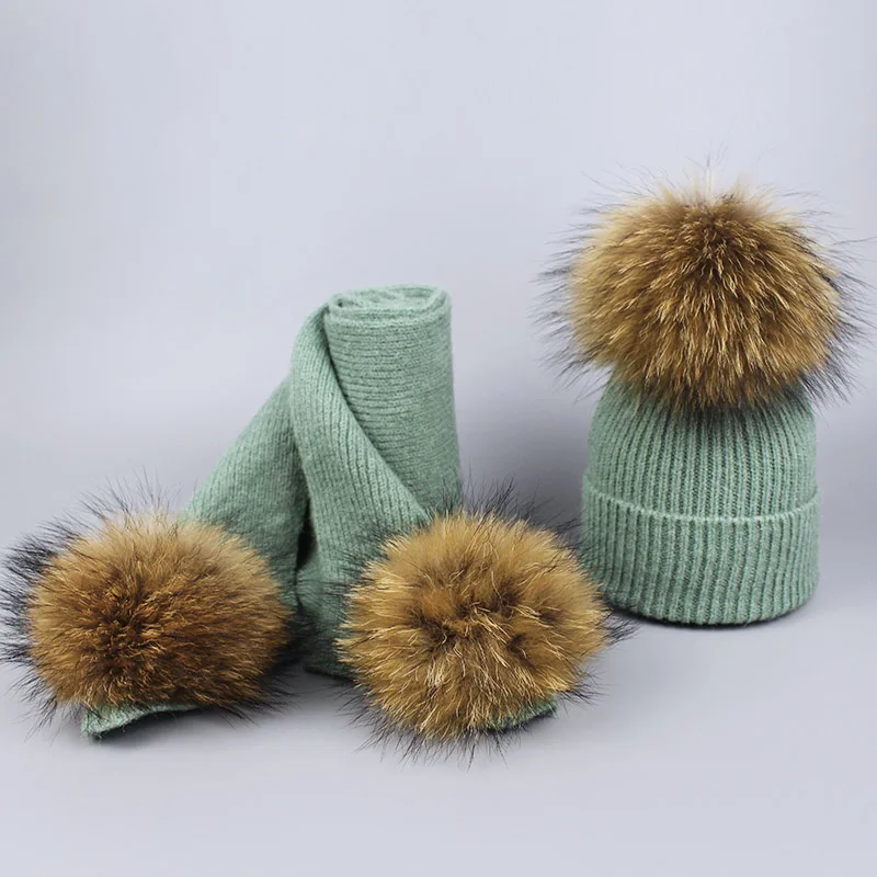 New Real Fur Pom Poms Winter Wool Hat And Scarf Set For Women Children Girl Cute Hat Knitted Warm Beanies Soft Thick Scarves Set - Цвет: I