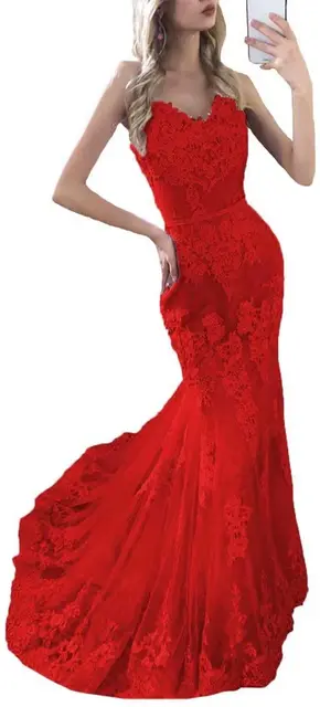 Paghetti Strap Mermaid Evening Dress Sweetheart  Vestido de noiva Zipper or Lace Up Summer Dress High Quality Lace Party Gowns Red