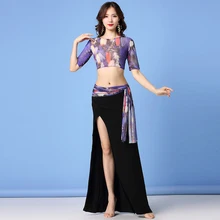 Галстук-окрашенный цветочный узор Женская одежда класса v-образный вырез модал 3 штуки набор костюма для танца живота топ пояс юбка для девочек