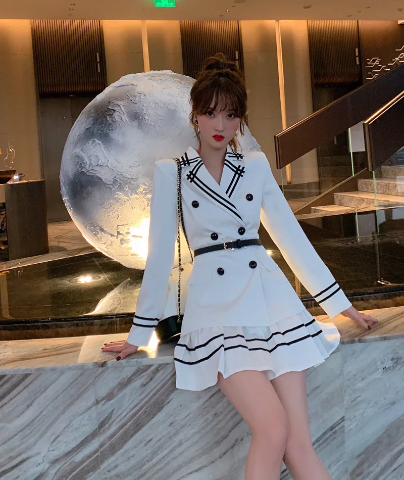2 Piece Set Autumn Vintage Women Suit Sweet White Full Sleeve Suit Top and Pleated Skirt Office Two Piece Set Elegant Vestidos