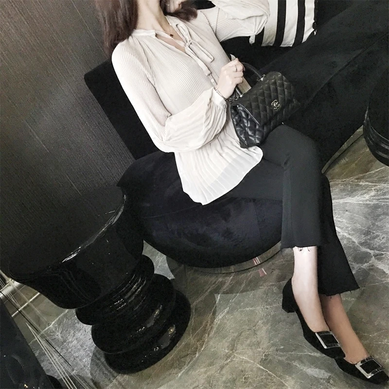 TVVOVVIN Summer Fashion Women Chiffon Shirt V-neck Solid Color Ladies Blouses And Tops Long-sleeved Women's Clothing B020