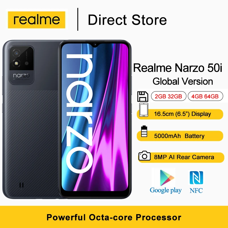 motorola moto cell phone Global Version Realme Narzo 50i NFC Smartphones 2GB/4GB RAM 6.5" HD+ 5000mAh Octa-core Processor 8MP AI Rear Camera Cellphones recommended cell phone for gaming