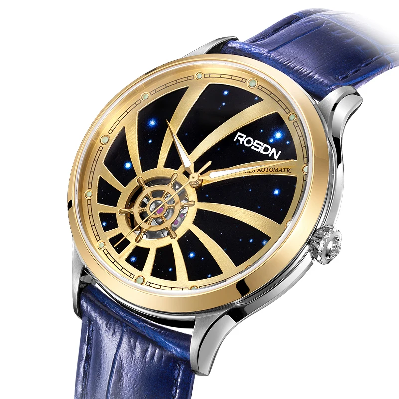 

Luxury Brand ROSDN Men's Watches Japan Automatic Mechanical Watch Double Skeleton Sapphire 50M Waterproof Genuine Leather R2119